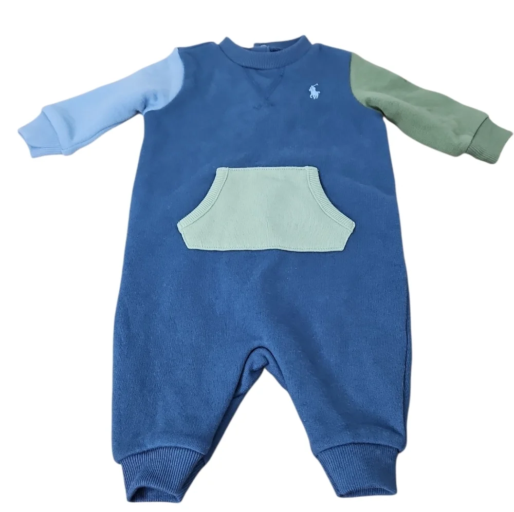 Ralph Lauren Baby Colorblock Long Sleeve One Piece Coverall Fleece Sz 3mos